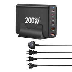 氮化鎵6USB充電器200W快充PD旅行快充4C2A美規英規歐規澳規插頭充電器