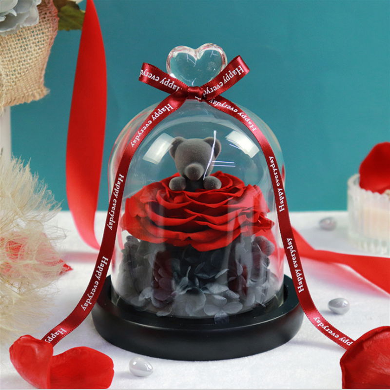 Little Bear Rotating Music Box With Preserved Rose For Womens Gifts 2