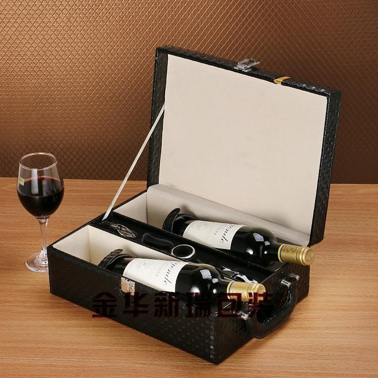 工廠現貨黑色鑽石紋雙瓶裝皮質紅酒盒 2
