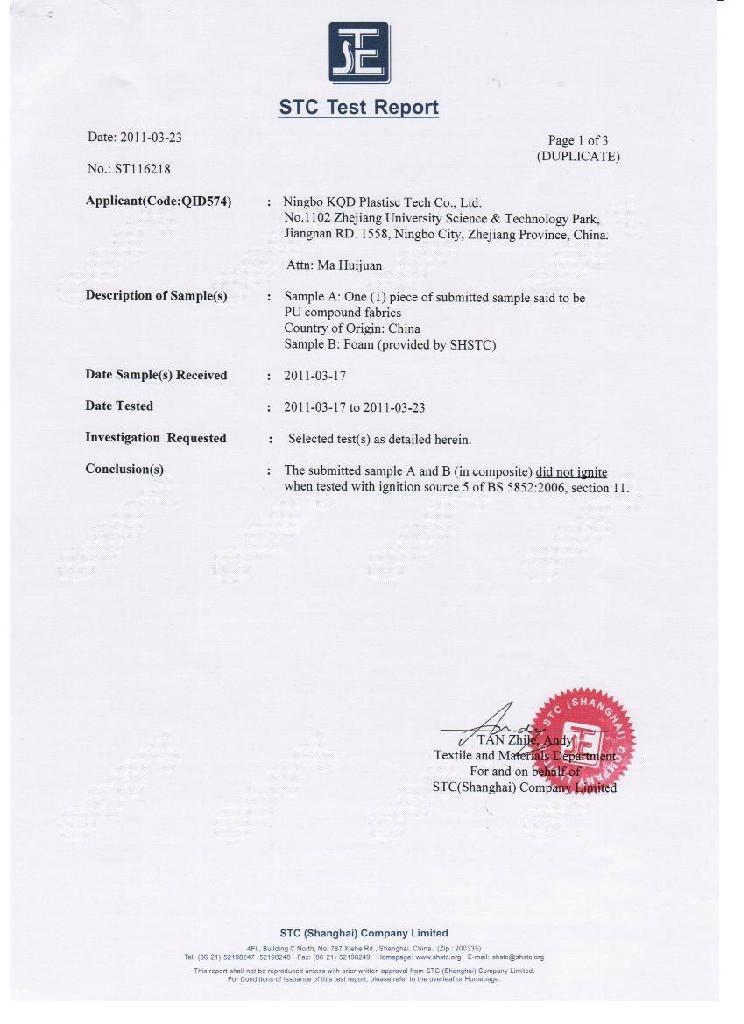 BS5852  Fire Retardant Test Report