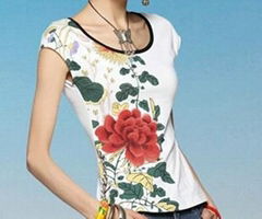 2014 female short sleeved t shirt Slim embroidered ladies shirt