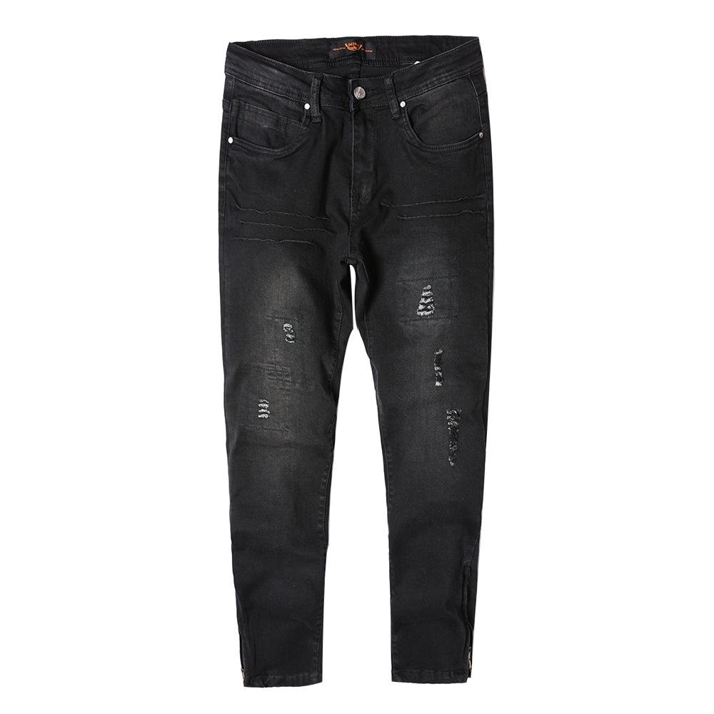 Mens fashion black ripped denim jeans with zipper at ancle