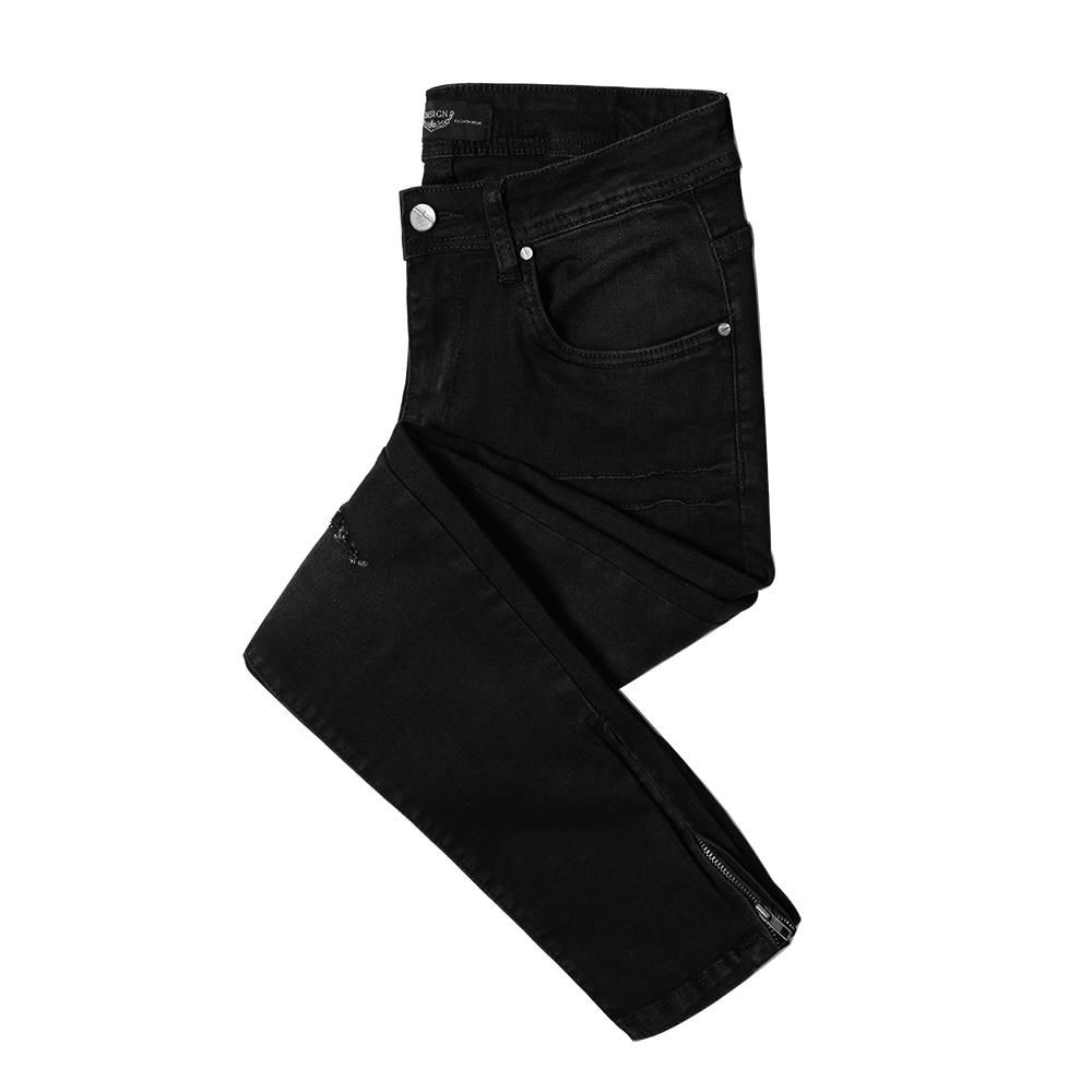 Mens fashion black ripped denim jeans with zipper at ancle 2