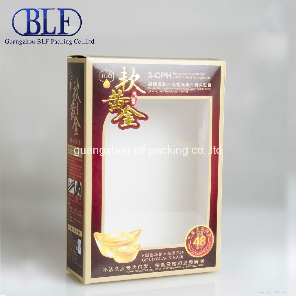 hot stamping logo 350g art paper printed Paper box with PVC window (BLF-PBO001）