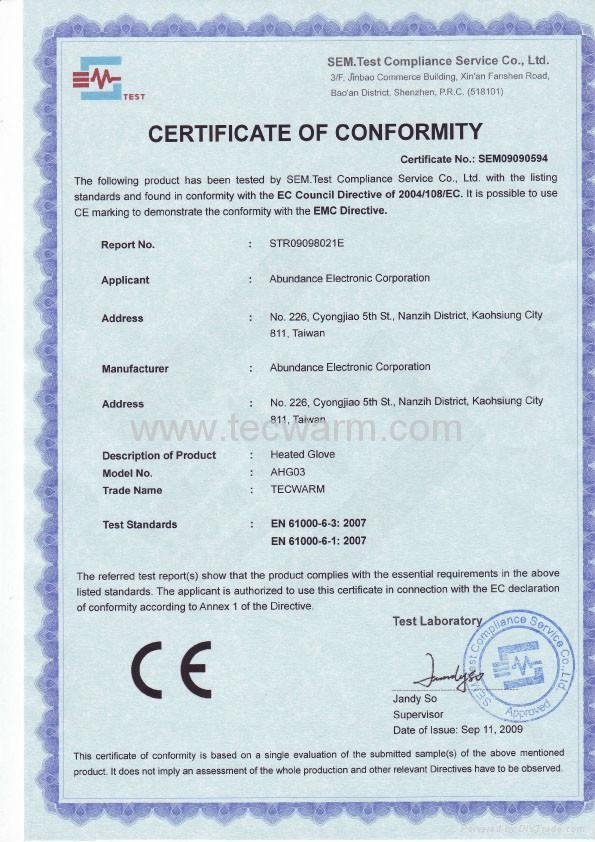 CE Certificate of Heated Glove