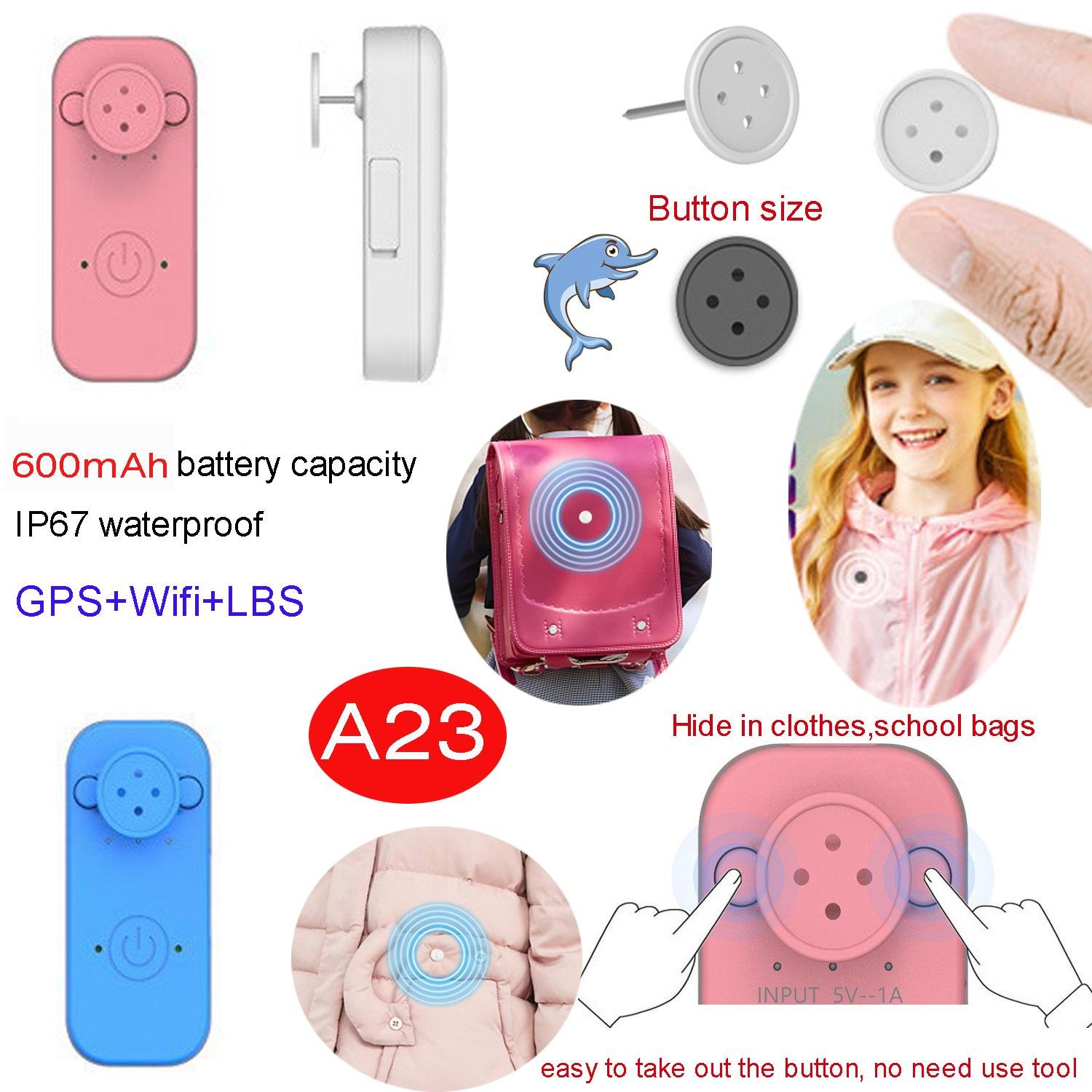 Button Size Mini Hiden School Bag GPS Tracker with One Weeks Working Time