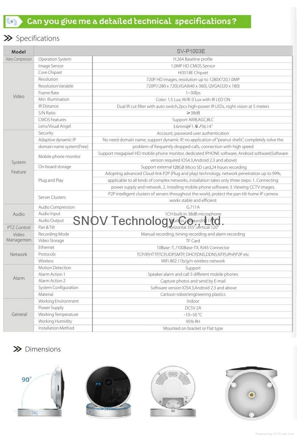 Snov Mega Pixel WIFI IP PTZ Surveillance Camera with Alarm Detectors, Wireless 3