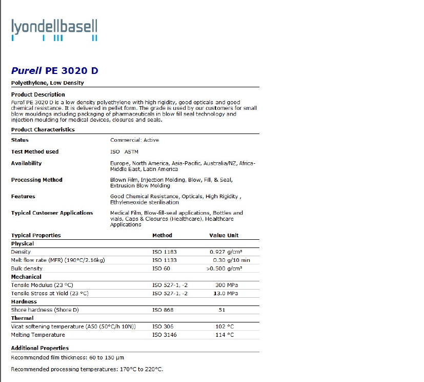BASELL ethylene oxide sterilized LDPE Purell PE 3020 D