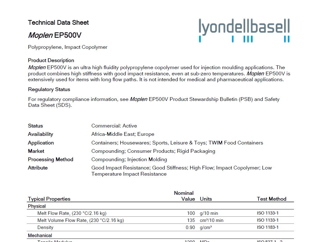 LYB Moplen EP500V PP MFI 100，Available now