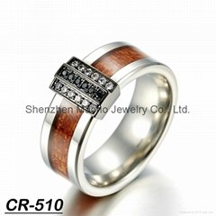 KOA wood inlay fashion ring silver with zircon stone inlayed tungsten ring