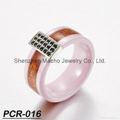  wood inlay ceramic ring pink engagement wedding ring with silver CZ inlay