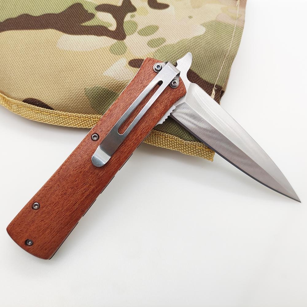  wood handle survival stainless steel pocket knife with clip for gifts 3