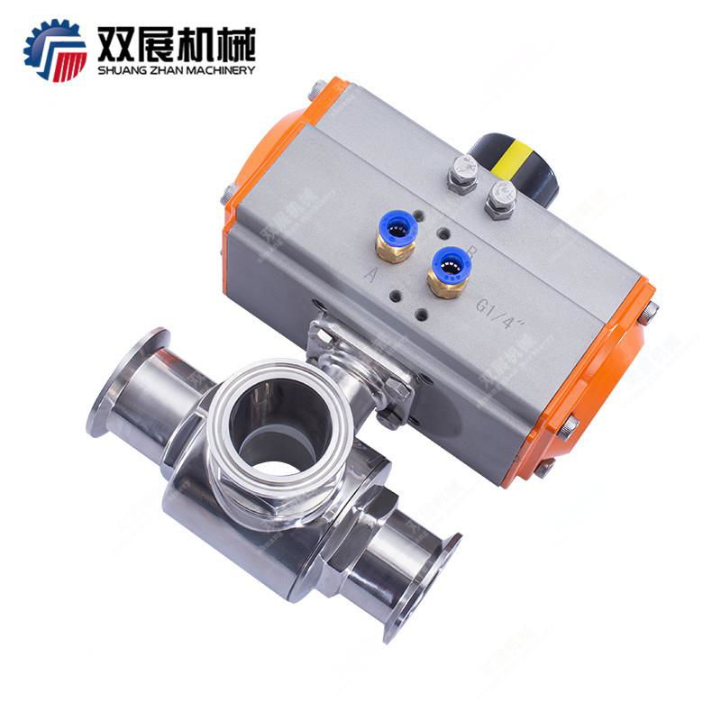 Sanitary SS304 SS316L Pneumatic Actuated 3-Way T or L type Ball Valve  3