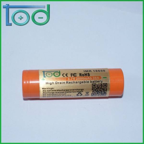 Factory directly sell IMR18650 3.7V 2000mAh 30A High Drain Rechargeable Battery