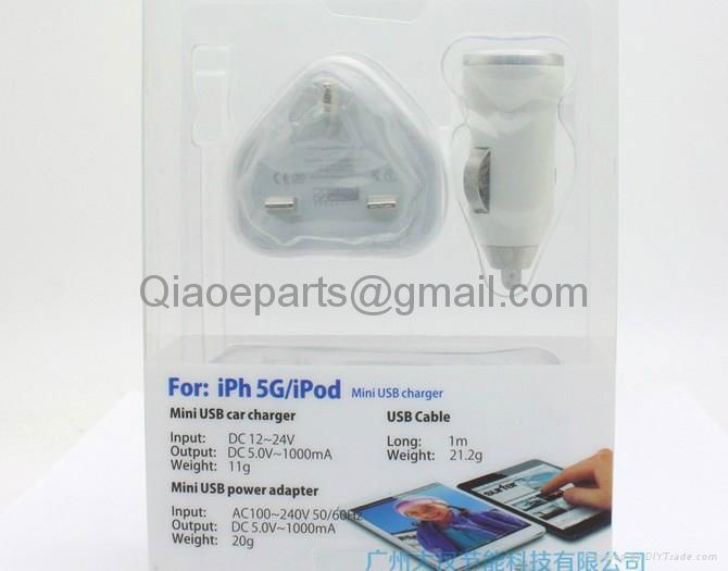 3 in 1 Light Cable USB+ US Wall Charger +Mini Car Charger kit sets for iphone 5 2