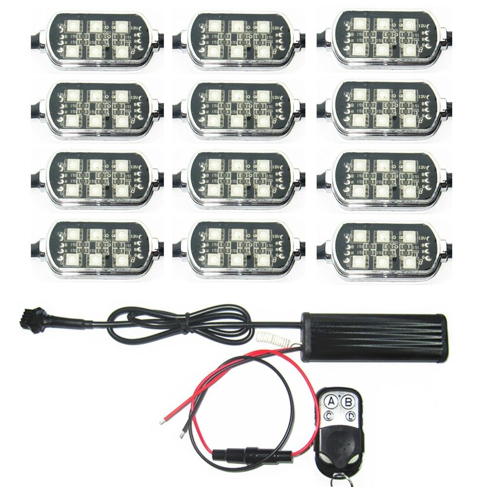 12 RGB Led PODs Universal Motorcycle Accent Underglow Lights 15 Color Kit