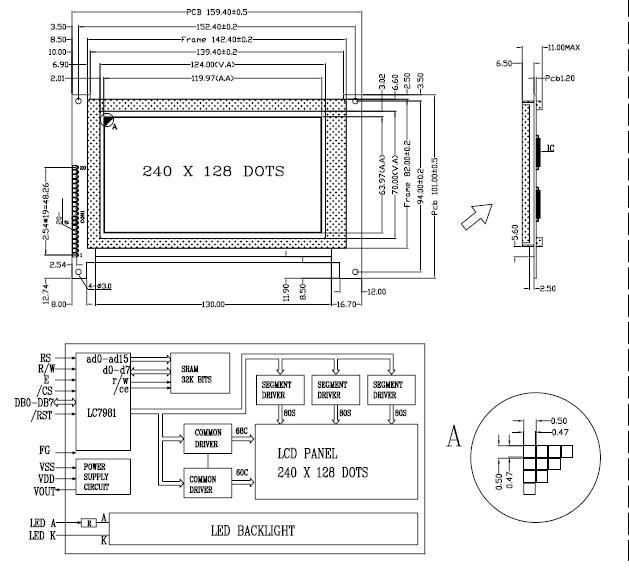 M240128J1-B5,240128 Graphics LCD Module, 240x128 Display, STN blue 3