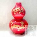 中国红瓷描金龙葫芦观赏瓶