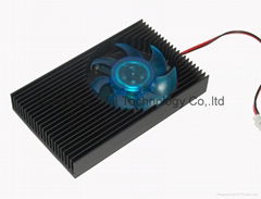 cross cut, straight fin heatsink with a blue fan in the center