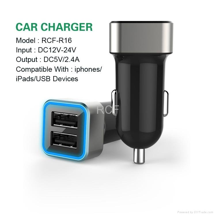 Portable 2.4A Dual USB Port Phone Car Charger for Iphone Ipad 1