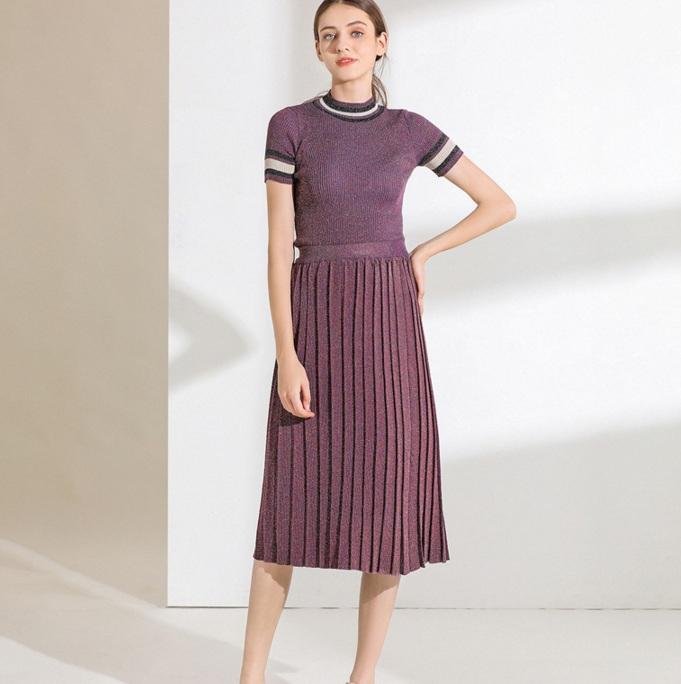 2019 Summer Women Knitting Suit with Pleated skirt and Knitting Tee ...