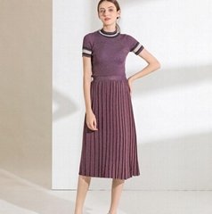 2019 Summer Women Knitting Suit with Pleated skirt and Knitting Tee