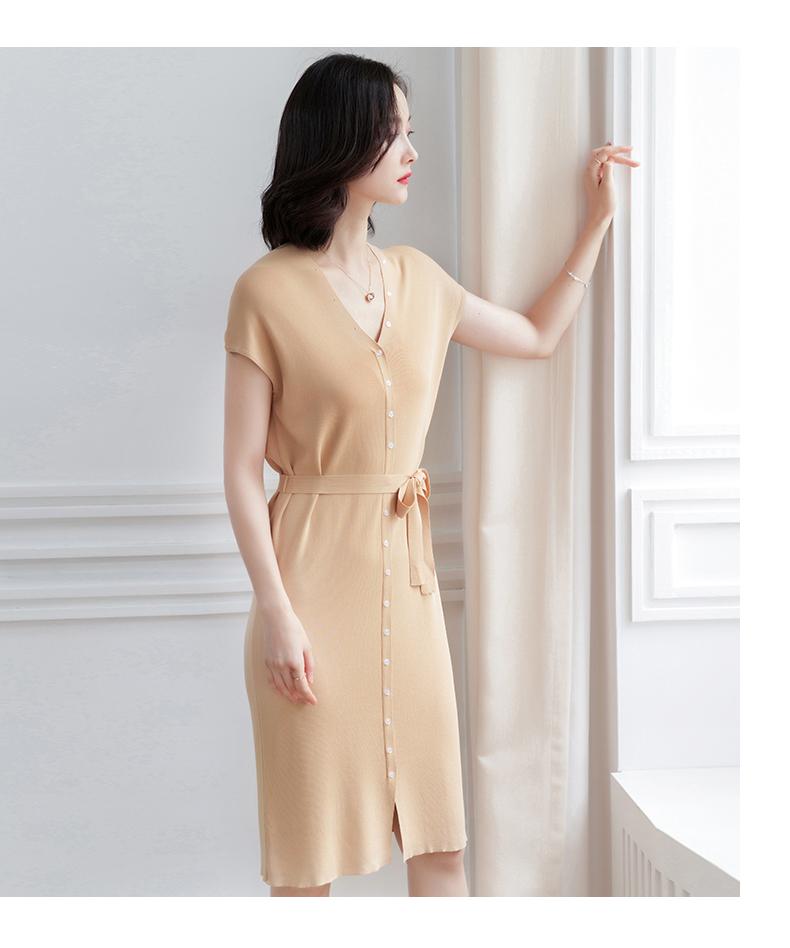 Women summer Office V-neck button cap sleeve slit Knitting Dress with waistband