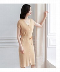 Women summer Office V-neck button cap sleeve slit Knitting Dress with waistband