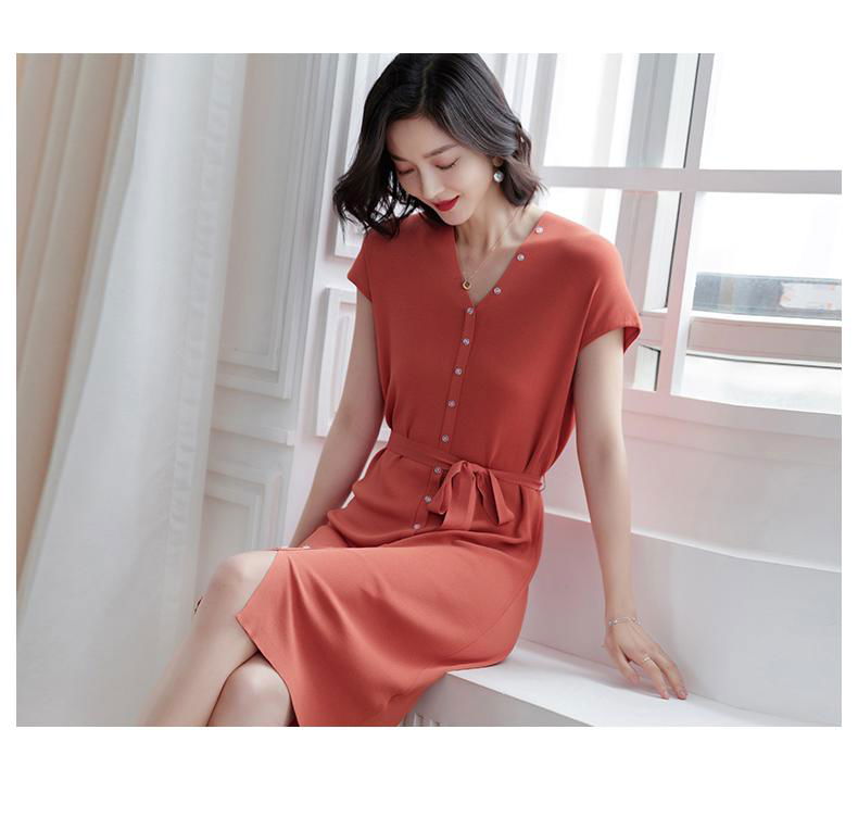 Women summer Office V-neck button cap sleeve slit Knitting Dress with waistband 3