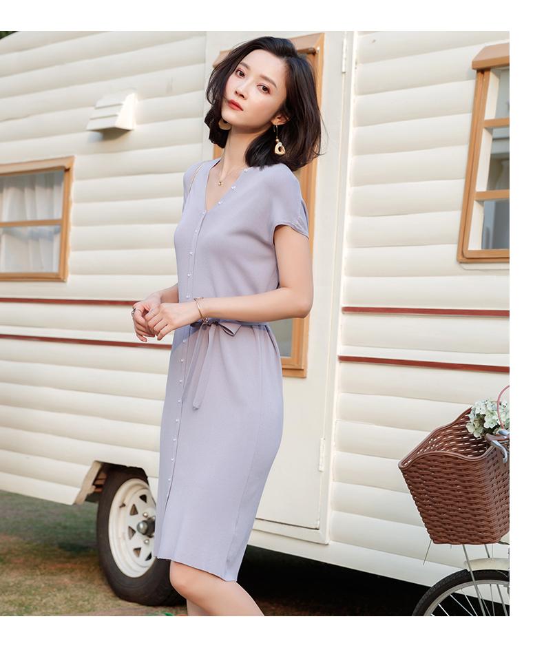 Women summer Office V-neck button cap sleeve slit Knitting Dress with waistband 4