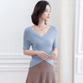 V-neck Short Sleeve Cross knitted Asymmetrial hem Tee 1