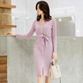 Spring-Autumn Women V-neck Button Strip Slip Knitting Dress 