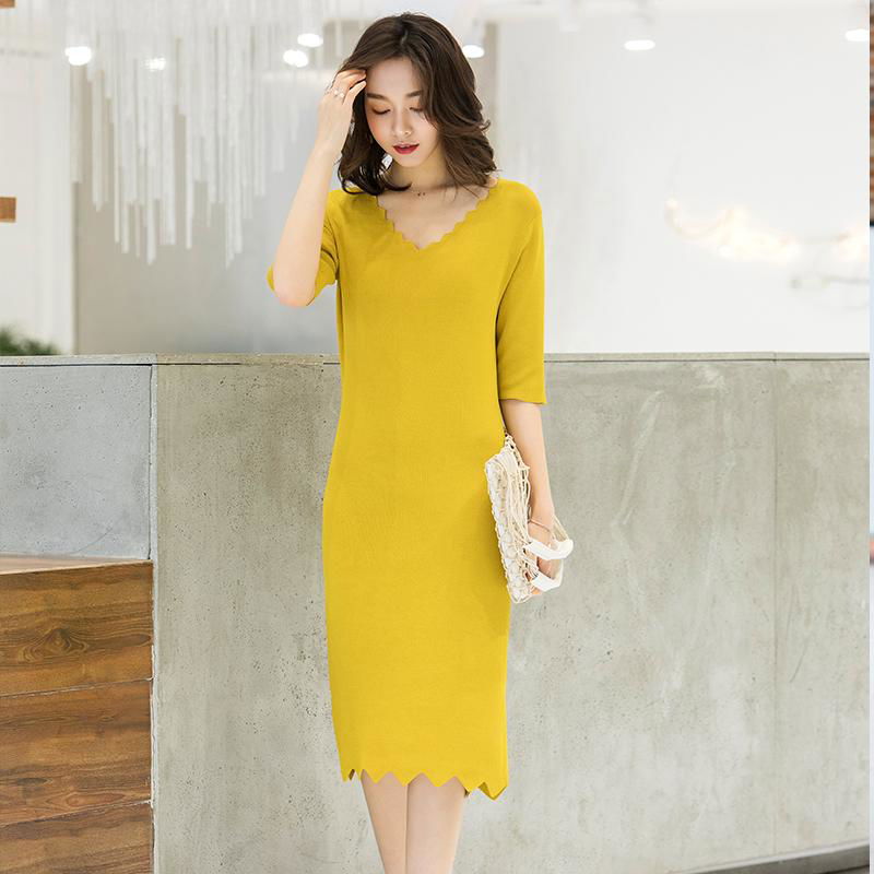 Women Half-Sleeve Waves sealloped Collar Slip Dress 3