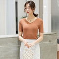 Women Simple Slim V-neck Short Sleeve knitting Tee 3