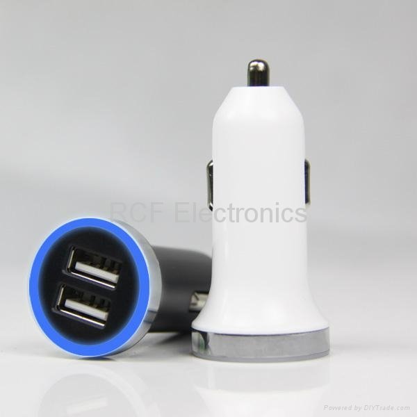 Hot Sell 5V 3.1A Dual USB Car Charger with Blue LED Ring Light
