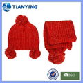 Tianying sliver yarn mixed red youth beanie and scarf with bobbles 1