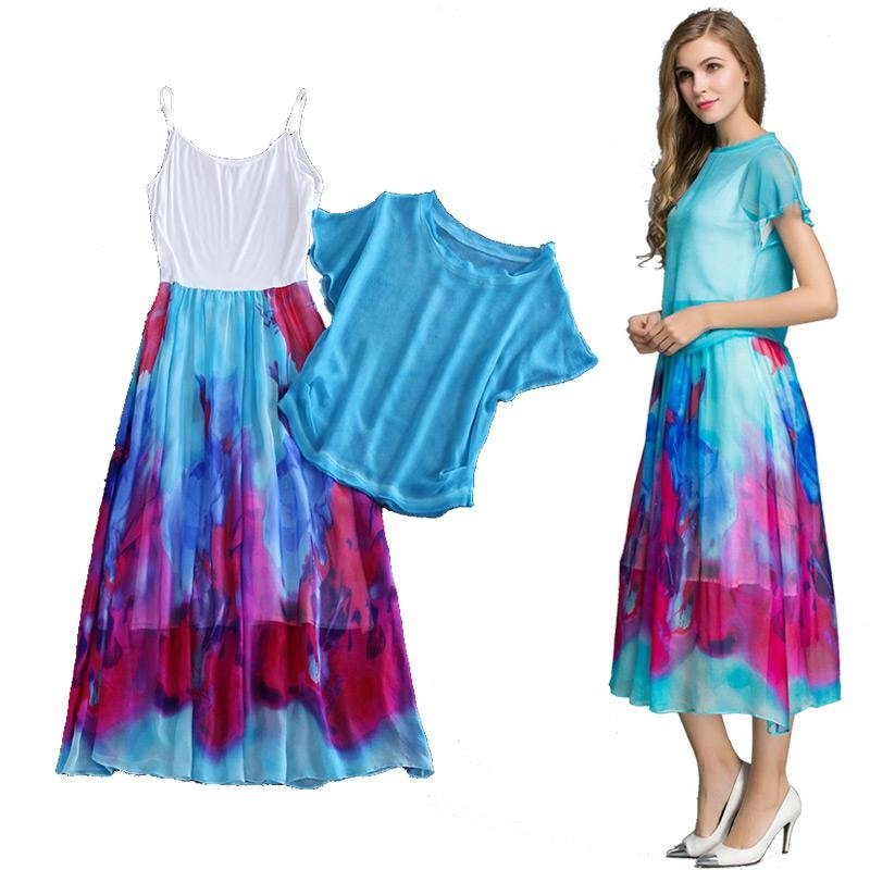 夏季新款藍色兩件套真絲長裙