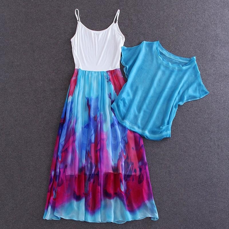 夏季新款藍色兩件套真絲長裙 3