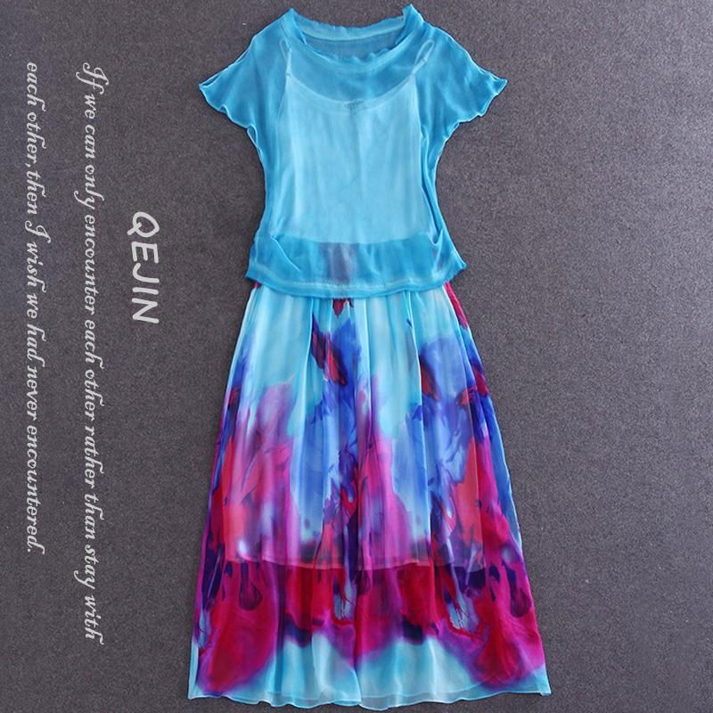 夏季新款藍色兩件套真絲長裙 5