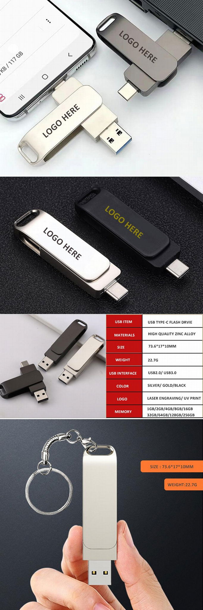 TYPE C USB Flash drive128GB creative exhibition gift metal USB 3