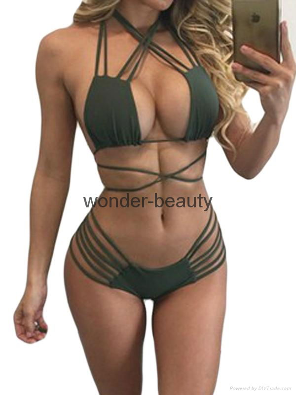 Black Green Halter Two Pieces Cross Bandage Women Sexy Beachwear Bikinis WT73037 2