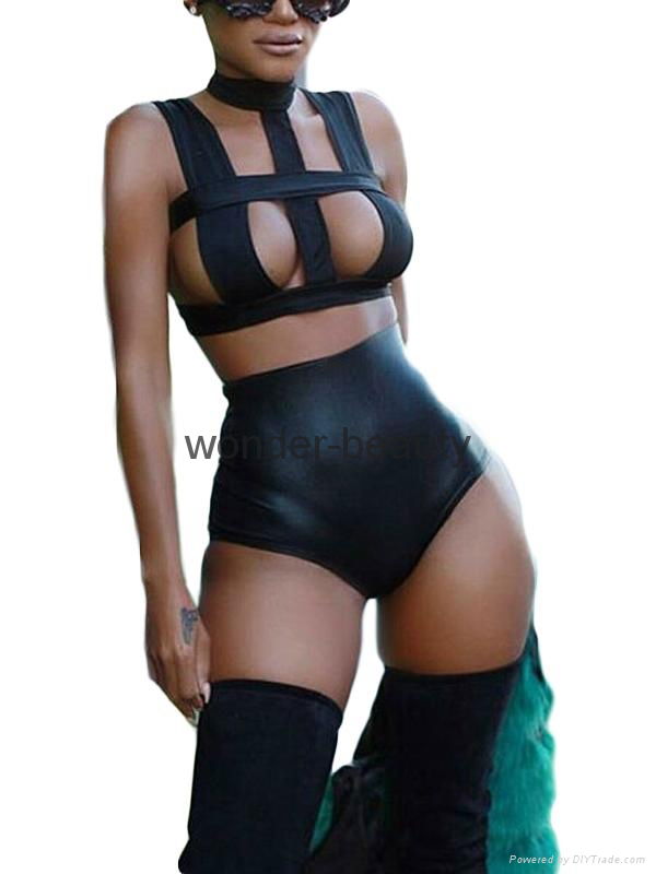 Sexy Vinyl Black PVC Leather Two Pieces Women Bikinis Sexy Beachwear WT73035