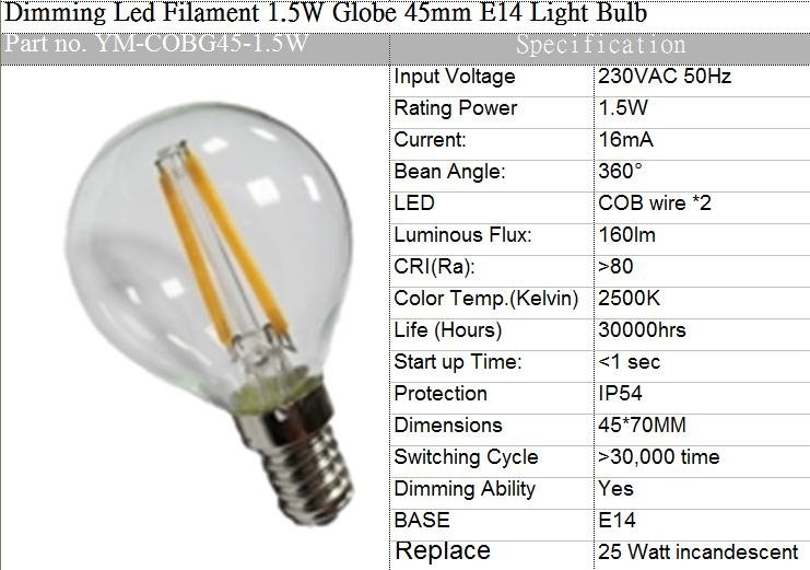 CE Dimming Led Filament 3.5W Globe 45mm E14 Light Bulb