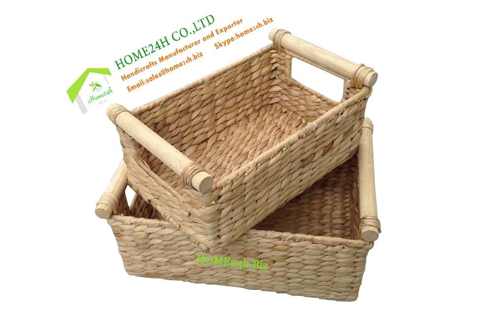 Water Hyacinth Storage Basket Set s/2, Wooden handle natural hand woven - Home24