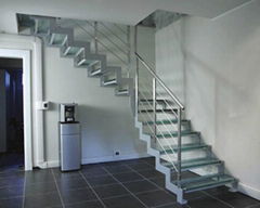 Stainless steel straight stringer glass staircase