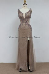 K2002 Strapless Beaded Embroidery Side Slit Tulle Evening Dress