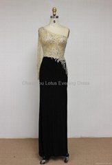 K2011 Sexy One Shoulder One Long Sleeve Sheer Back Chiffon Beaded Pageant Dress