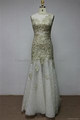 K2025   Sheer Scoop Neckline Strapless Beaded Embroidery Lace Chiffon Dress