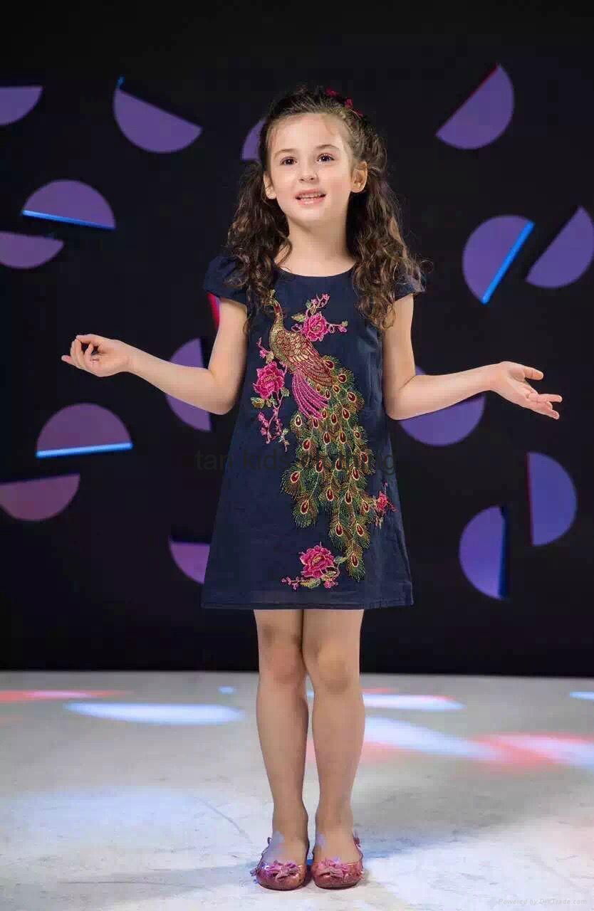 Angou New Arrival summer girls dress Peacock Embroidery dress Wholesale  3