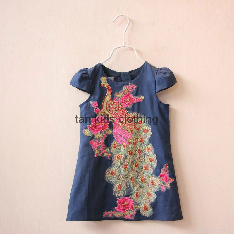 Angou New Arrival summer girls dress Peacock Embroidery dress Wholesale  4